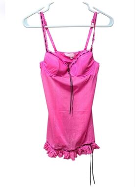 Victorias Secret Womens Bright Pink Lace-Trim Chemise with Black Tie 34B